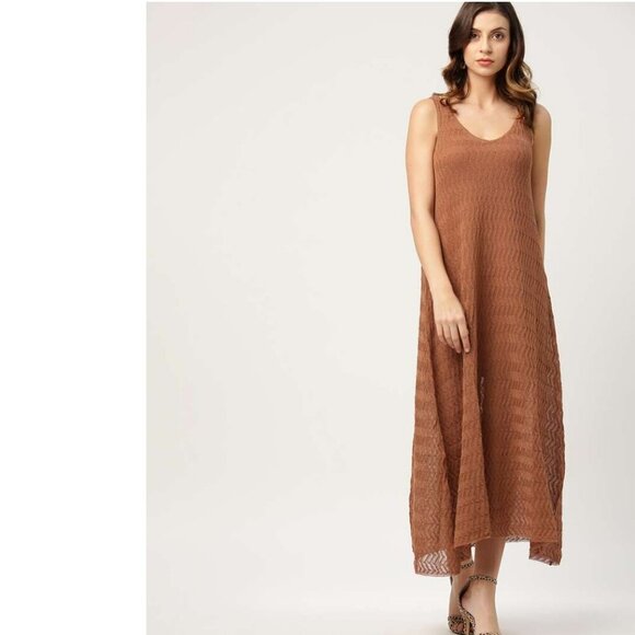 MNG Mango Boho Chestnut Brown Crochet Knit Sheer Oversized Maxi Dress - Picture 1 of 9